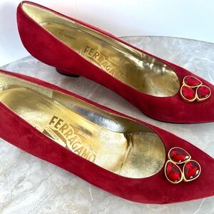 Salvatore Ferragamo Red Suede Heels Pumps with Gold Accents